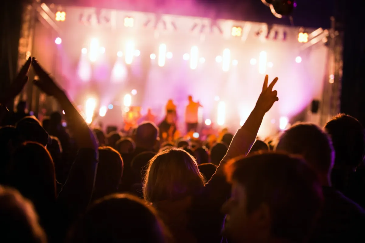 Festival crowd in front of a lit stage
